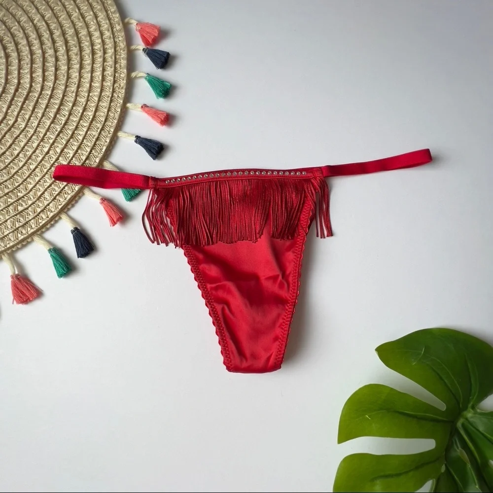 Victoria's Secret Very Sexy Fringe V-String Panty Red Medium NEW